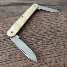 Load image into Gallery viewer, Vintage double blade pocket knife, Lucite Plastic Handle, Cream Colour, Steel Blade , Staples Matress
