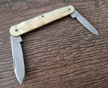 Load image into Gallery viewer, Vintage double blade pocket knife, Lucite Plastic Handle, Cream Colour, Steel Blade , Staples Matress
