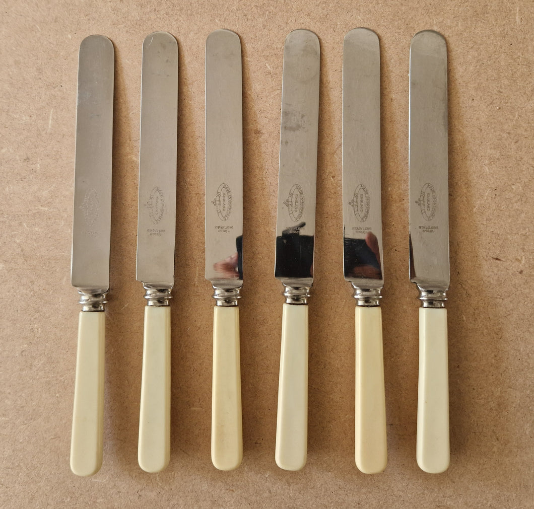 Set of Six Shefield Stainless Steel Dinner Knives 23.5cm long Faux Bone Handle