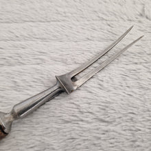 Load image into Gallery viewer, Antique steel meat fork with wooden handle and steel cuff
