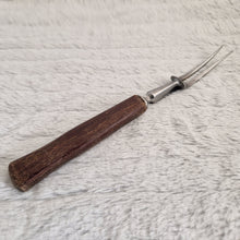 Load image into Gallery viewer, Antique steel meat fork with wooden handle and steel cuff
