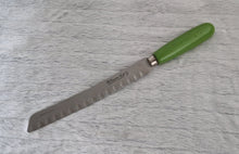 Load image into Gallery viewer, Fine vintage bread or carving knife with green painted wooden handle Made by The Granton Knife, Sheffield England ,stainless stee, 31cm longl
