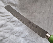 Load image into Gallery viewer, Fine vintage bread or carving knife with green painted wooden handle Made by The Granton Knife, Sheffield England ,stainless stee, 31cm longl
