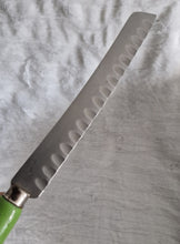 Load image into Gallery viewer, Fine vintage bread or carving knife with green painted wooden handle Made by The Granton Knife, Sheffield England ,stainless stee, 31cm longl

