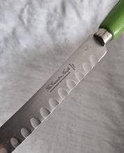 Load image into Gallery viewer, Fine vintage bread or carving knife with green painted wooden handle Made by The Granton Knife, Sheffield England ,stainless stee, 31cm longl
