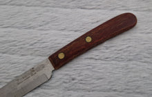 Load image into Gallery viewer, A vintage Prestige brand cheese knife. Hollow Ground, Vanadium Stainless Steel with a riveted wooden handle, Made In England, 19.5cm long
