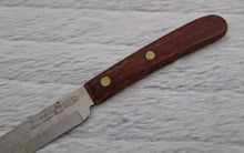 Load image into Gallery viewer, A vintage Prestige brand cheese knife. Hollow Ground, Vanadium Stainless Steel with a riveted wooden handle, Made In England, 19.5cm long
