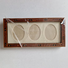 Load image into Gallery viewer, Vintage Addison Ross London MH63M7 Brown Star Marquetry 3x7 triple image photo frame, wooden photo frame, long photo frame, made in England, desk photo frame, 3 image frame, Oval Mount
