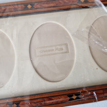 Load image into Gallery viewer, Vintage Addison Ross London MH63M7 Brown Star Marquetry 3x7 triple image photo frame, wooden photo frame, long photo frame, made in England, desk photo frame, 3 image frame, Oval Mount
