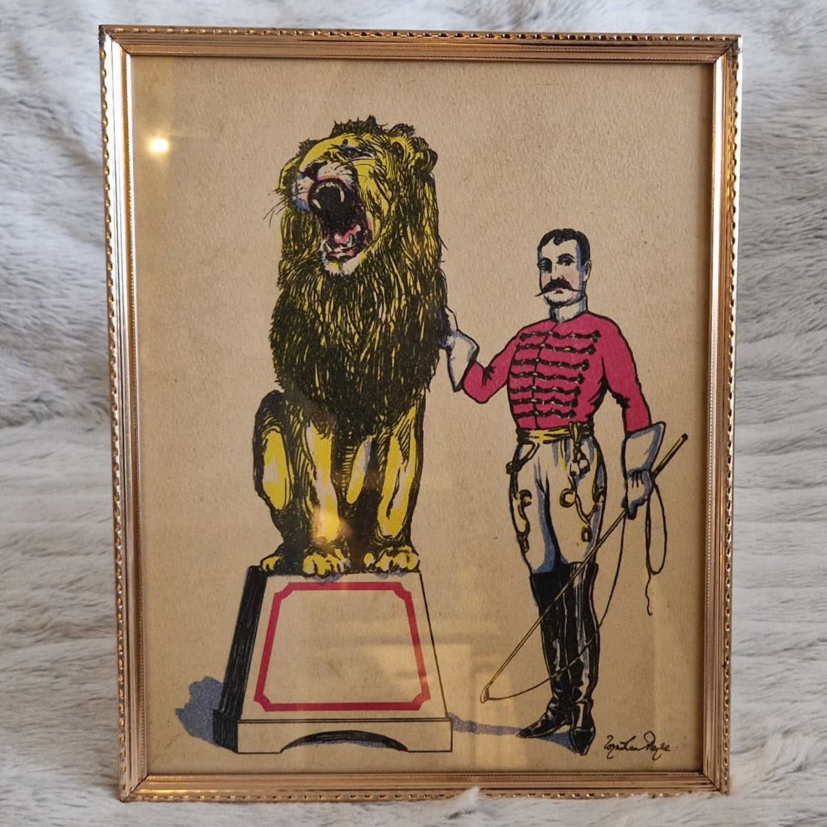 Picture Frame Wall Hanging Circus Performer with a Lion – Framed Genuine Vintage Book Plate (1935)