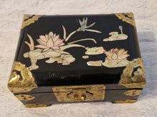 Load image into Gallery viewer, Chinese Lacquer jewellery box with Mother of Pearl Inlay &amp; Brass embellishments 1950s
