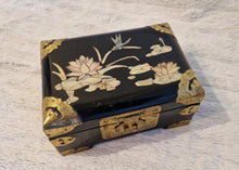 Load image into Gallery viewer, Chinese Lacquer jewellery box with Mother of Pearl Inlay &amp; Brass embellishments 1950s
