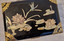 Load image into Gallery viewer, Chinese Lacquer jewellery box with Mother of Pearl Inlay &amp; Brass embellishments 1950s
