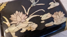 Load image into Gallery viewer, Chinese Lacquer jewellery box with Mother of Pearl Inlay &amp; Brass embellishments 1950s
