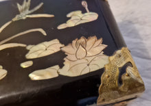 Load image into Gallery viewer, Chinese Lacquer jewellery box with Mother of Pearl Inlay &amp; Brass embellishments 1950s
