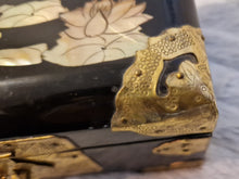 Load image into Gallery viewer, Chinese Lacquer jewellery box with Mother of Pearl Inlay &amp; Brass embellishments 1950s
