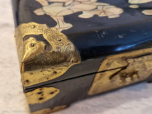 Load image into Gallery viewer, Chinese Lacquer jewellery box with Mother of Pearl Inlay &amp; Brass embellishments 1950s
