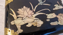 Load image into Gallery viewer, Chinese Lacquer jewellery box with Mother of Pearl Inlay &amp; Brass embellishments 1950s
