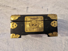 Load image into Gallery viewer, Chinese Lacquer jewellery box with Mother of Pearl Inlay &amp; Brass embellishments 1950s
