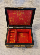 Load image into Gallery viewer, Chinese Lacquer jewellery box with Mother of Pearl Inlay &amp; Brass embellishments 1950s
