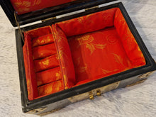 Load image into Gallery viewer, Chinese Lacquer jewellery box with Mother of Pearl Inlay &amp; Brass embellishments 1950s
