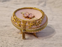 Load image into Gallery viewer, Decorated Egg Elegance Trinket Jewellery Box Pink Gold with Floral Decoration On Metal Stand
