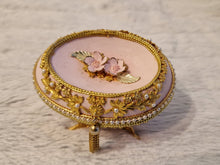 Load image into Gallery viewer, Decorated Egg Elegance Trinket Jewellery Box Pink Gold with Floral Decoration On Metal Stand
