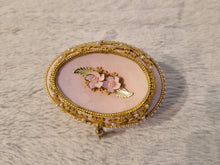 Load image into Gallery viewer, Decorated Egg Elegance Trinket Jewellery Box Pink Gold with Floral Decoration On Metal Stand
