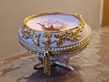 Load image into Gallery viewer, Decorated Egg Elegance Trinket Jewellery Box Pink Gold with Floral Decoration On Metal Stand
