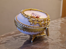 Load image into Gallery viewer, Decorated Egg Elegance Trinket Jewellery Box Pink Gold with Floral Decoration On Metal Stand
