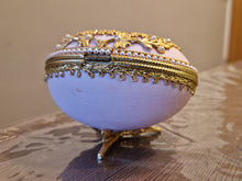 Load image into Gallery viewer, Decorated Egg Elegance Trinket Jewellery Box Pink Gold with Floral Decoration On Metal Stand
