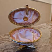 Load image into Gallery viewer, Decorated Egg Elegance Trinket Jewellery Box Pink Gold with Floral Decoration On Metal Stand
