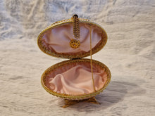 Load image into Gallery viewer, Decorated Egg Elegance Trinket Jewellery Box Pink Gold with Floral Decoration On Metal Stand
