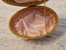 Load image into Gallery viewer, Decorated Egg Elegance Trinket Jewellery Box Pink Gold with Floral Decoration On Metal Stand
