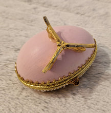 Load image into Gallery viewer, Decorated Egg Elegance Trinket Jewellery Box Pink Gold with Floral Decoration On Metal Stand
