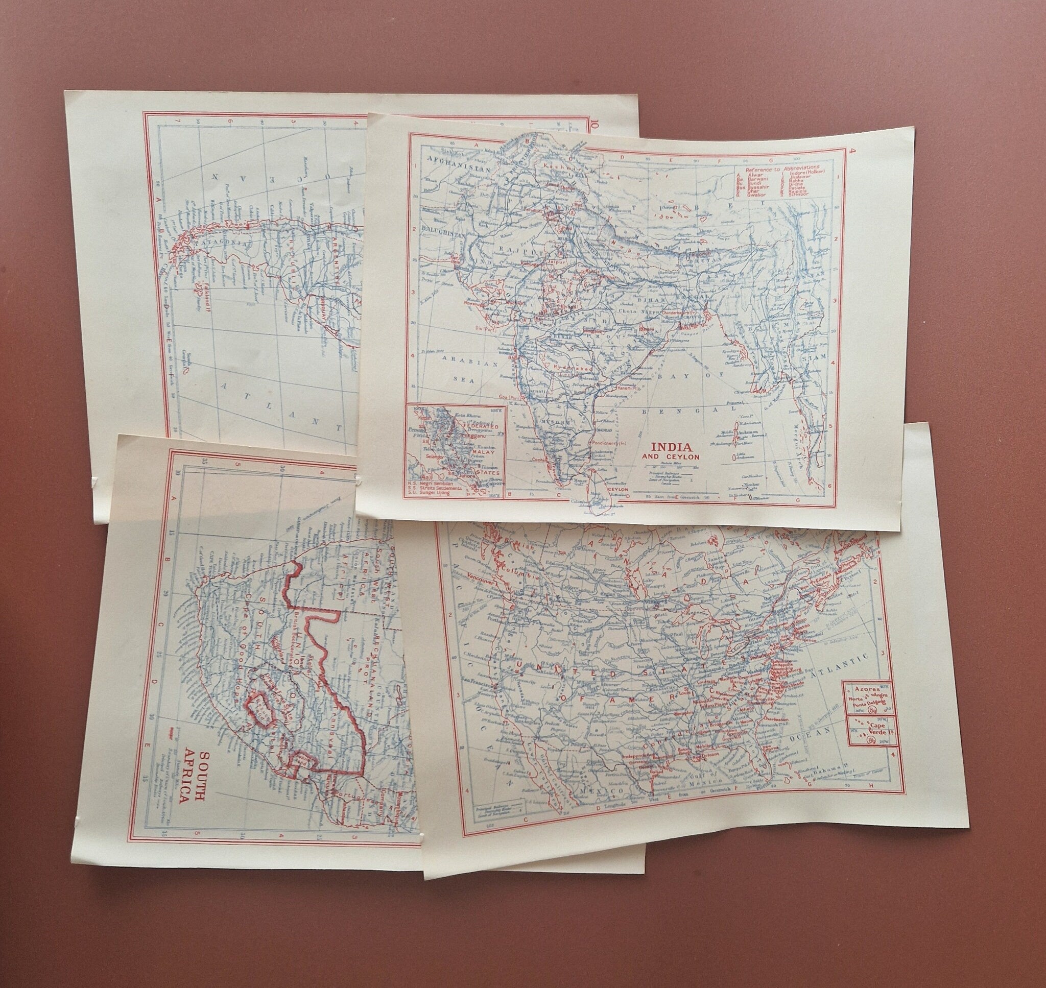 4 x Vintage Printed Maps Of India and Ceylon , South Africa, Asia, United States and Canada, Old Boo