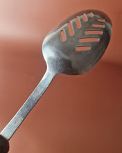 Load image into Gallery viewer, Vintage Boots slotted stainless steel serving spoon black plastic handle , Old Kitchenalia
