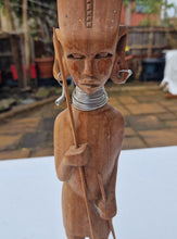 Load image into Gallery viewer, Vintage Wood Carved African Tribal Statue Figure Warrior Hunter With Hunting Sticks and Metal Neckla
