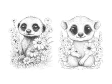 Load image into Gallery viewer, 25 Cute Flower Meerkats Coloring Book – For Adults and Kids | Grayscale Coloring Pages | Instant Download | Printable PDF
