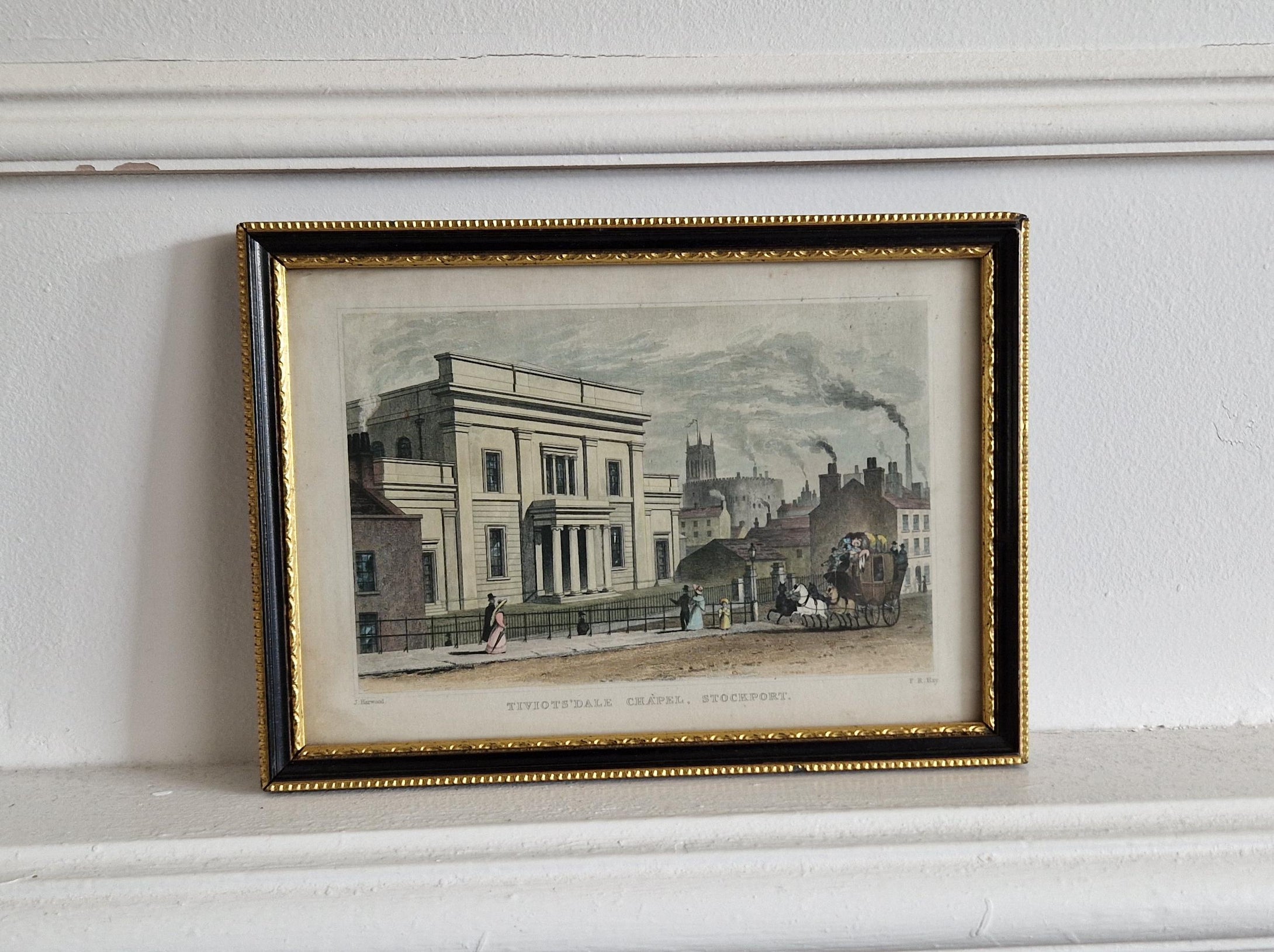 Tiviots'dale Chapel Stockport Engraved Artwork Print in black and gold colour picture frame, J H