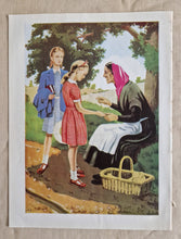 Load image into Gallery viewer, Vintage Illustrated Book Plate Page Colour Lithograph Print 2 School Girl Talking To A Old Woman &amp; G

