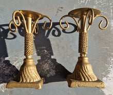 Load image into Gallery viewer, Pair Gold Tone Heavy Metal Candlestick Candle Holders
