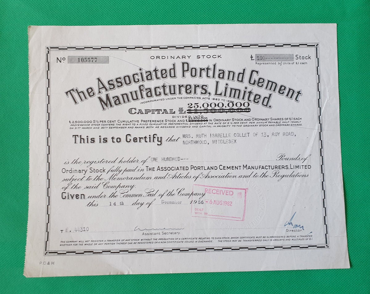 Stock Vintage SHARE CERTIFICATE, The Association Portland Cement Manufaturers Limited, 14th December