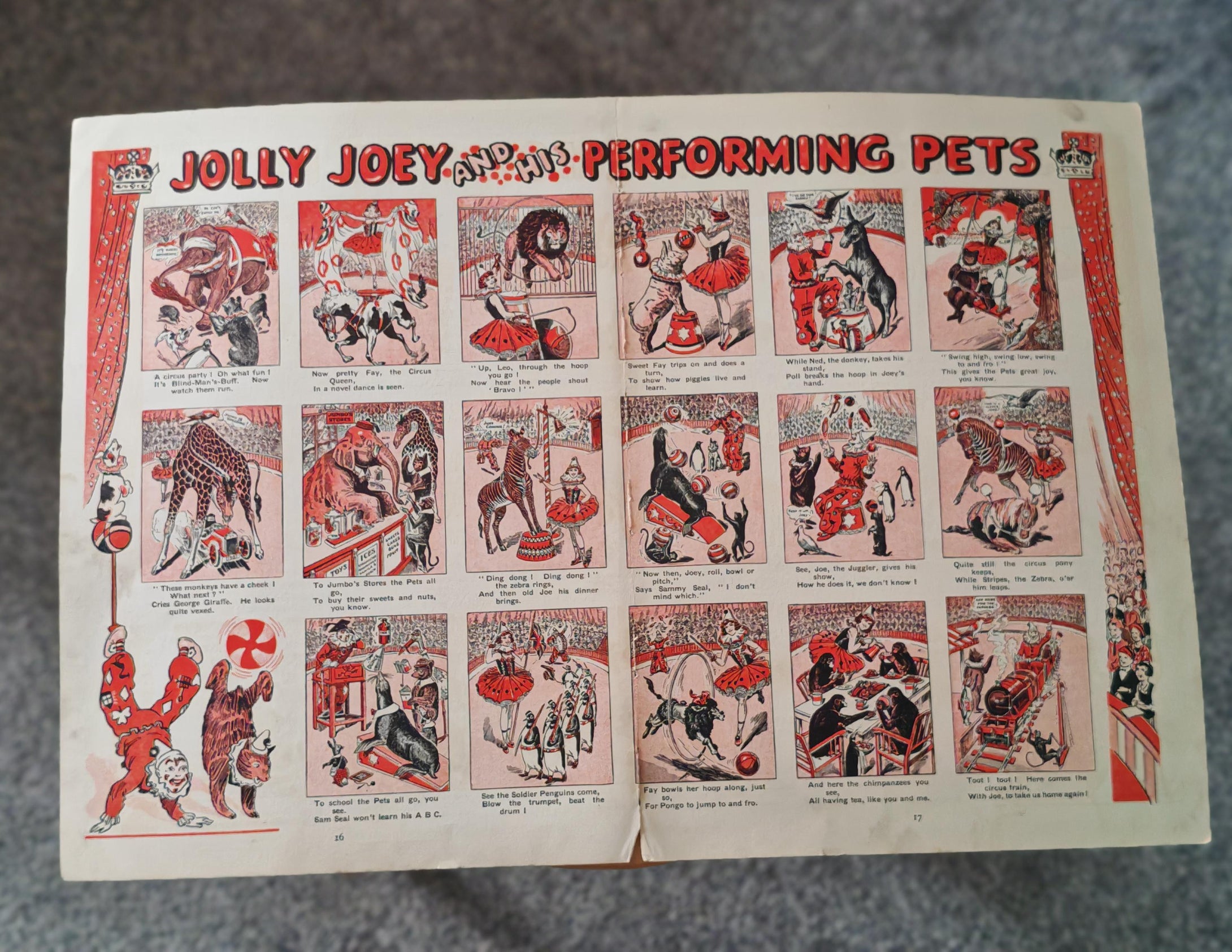 Vintage Circus Print – Jolly Joey and His Performing Pets Double Page Book Plate | 50.5 x 35 cm | An