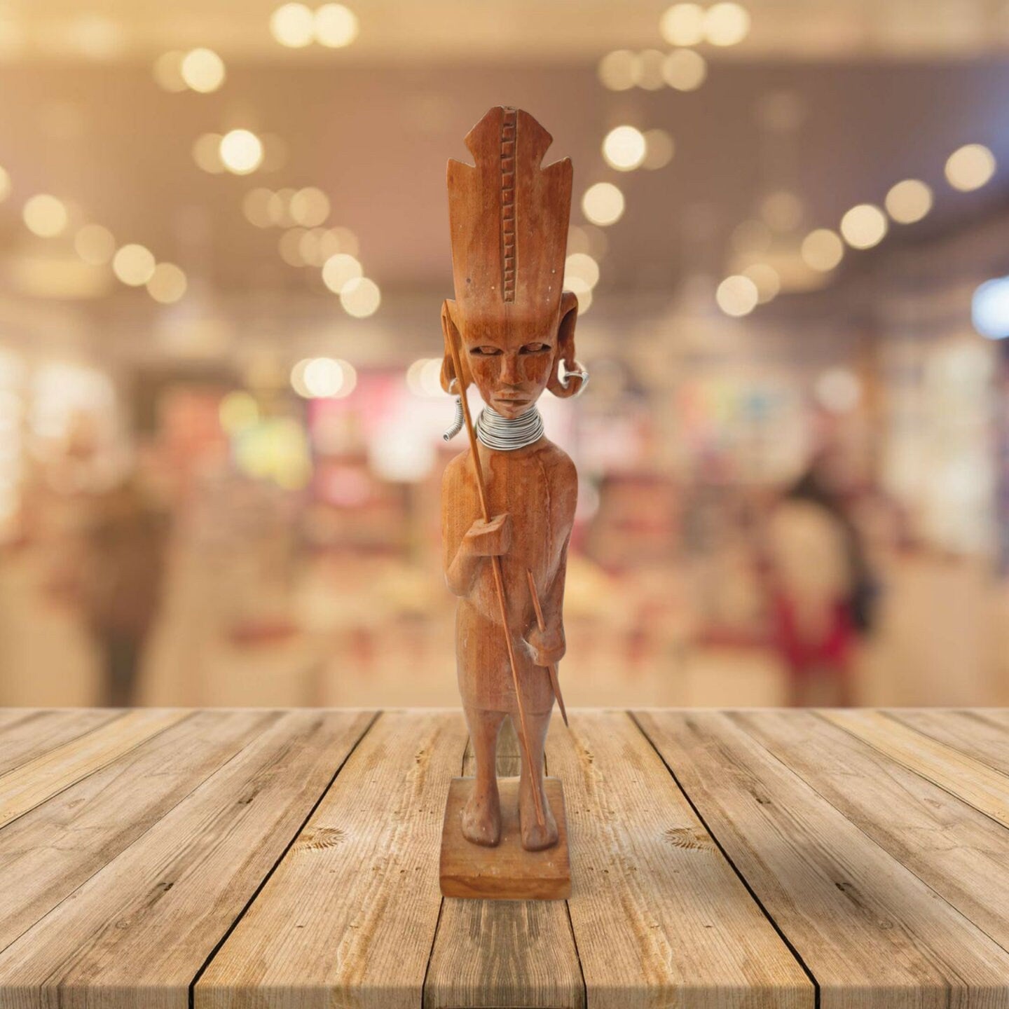 Vintage Wood Carved African Tribal Statue Figure Warrior Hunter With Hunting Sticks and Metal Neckla