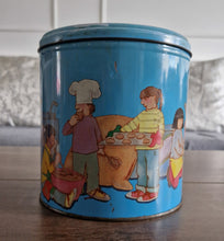 Load image into Gallery viewer, Vintage Children Playing Chef and Baker with Ingredients Blue Tin Metal Canister
