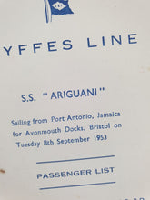 Load image into Gallery viewer, Vintage Fyffe Line S.S &quot;Ariguani&quot; Sailing Ship Passenger List.  Tuesday Sept 1953, Collect
