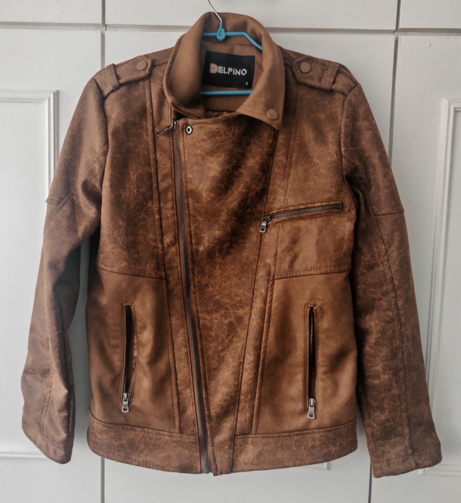 Delpino Men’s Brown Faux Leather Biker Jacket – Size S – Made in Turkey