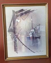 Load image into Gallery viewer, Fishing Trawler by Andres Orpinas, Vintage Framed Art Print, Boats and Seagulls
