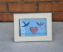 Load image into Gallery viewer, Cream and Silver Photo Frame with Crystal Accents | Romantic Bird &amp; Heart Design | Freestanding or W
